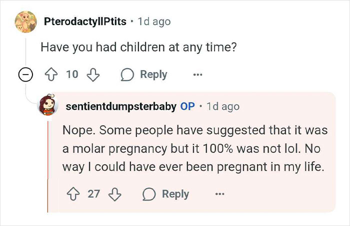 Reddit user discusses tumor birth, clarifying no pregnancy, addressing common misconceptions and questions about the condition.