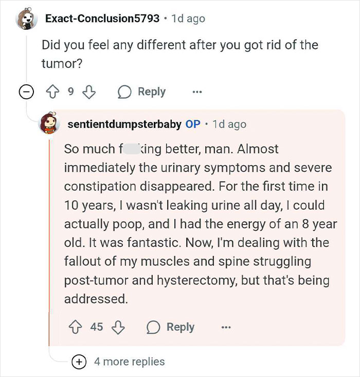 Reddit user describes feeling better after tumor removal, with improved urinary symptoms and energy, addressing post-tumor effects.