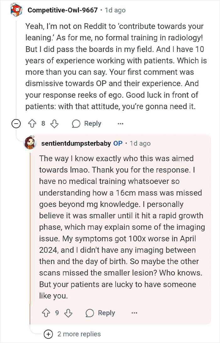 Reddit user discusses experience with a missed tumor diagnosis after thinking she was pregnant, explaining symptom progression.