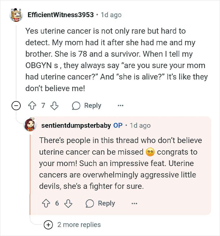 Screenshot of a social media conversation discussing uterine cancer, its rarity, detection challenges, and a survivor's story.