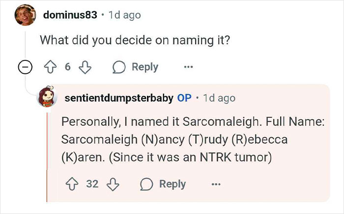Online conversation showing a woman explaining she named the tumor Sarcomaleigh after a mistaken pregnancy diagnosis.