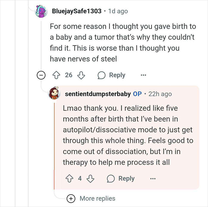 Reddit user discusses woman who thought she was pregnant but gave birth to a tumor, sharing emotional coping and therapy.
