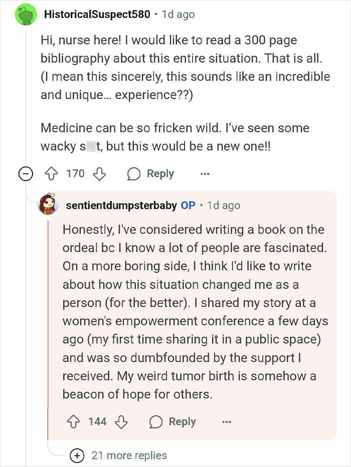 Reddit conversation discussing a woman who thought she was pregnant but gave birth to a tumor instead.