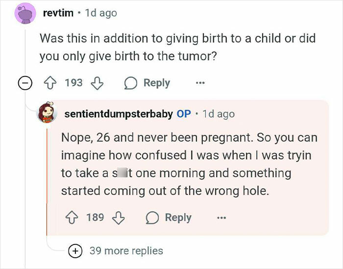 Reddit user explains confusion after thinking she was pregnant but gave birth to a tumor at age 26 in a medical discussion thread.