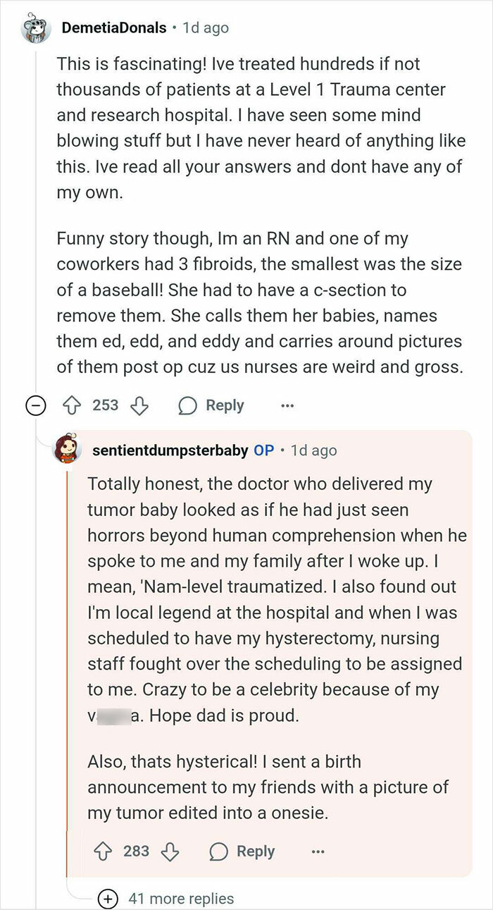 Reddit comments discussing a woman who thought she was pregnant but gave birth to a tumor instead.