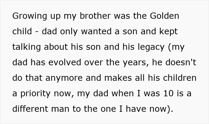 Text excerpt discussing family dynamics and a brother as the favored child while a woman forbids BIL from talking to her.