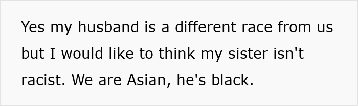 Text on a white background about interracial family dynamics and concerns over racism within relatives.