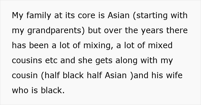 Text explaining family heritage and mixed-race relationships in the context of a woman forbidding BIL contact.