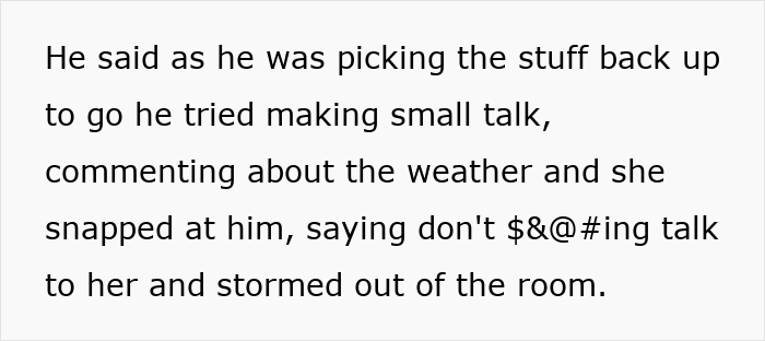 Text excerpt showing a tense interaction where a woman forbids her brother-in-law from talking to her despite seeing her nephew less.