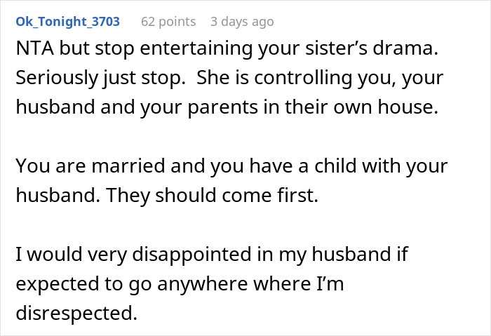 Comment warning about sister's drama and emphasizing prioritizing husband and child over family conflicts with brother-in-law.