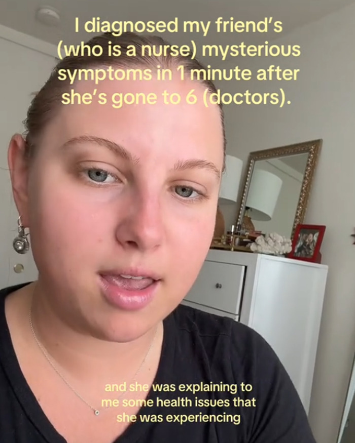 Woman solving friend's medical mystery in one minute after six doctors failed, speaking in a home setting. Woman solving friend's medical mystery in one minute after six doctors failed, speaking in a home setting.