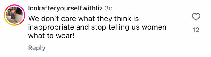 Comment on social media post about woman told to cover up at pub, highlighting double standards and dress code criticism.