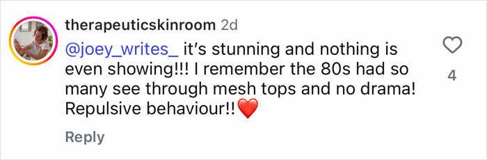 Alt text: Instagram comment discussing double standards faced by woman told to cover up at pub and reflecting on 80s fashion trends.