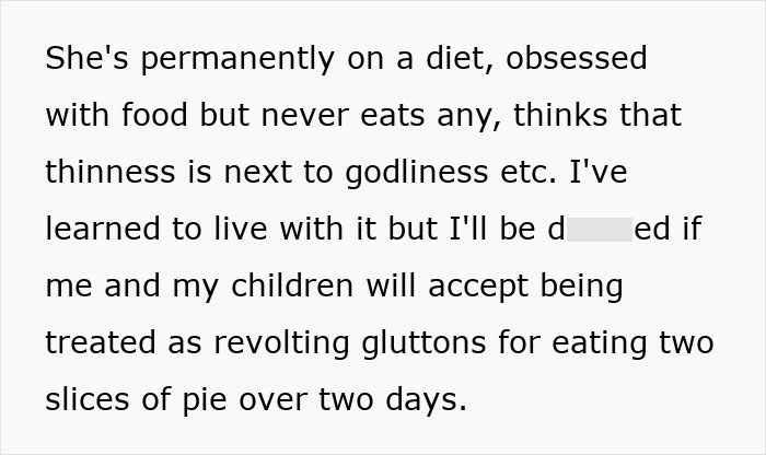 Text excerpt about a diet-obsessed mom who food-shames her daughter for eating pie, sparking conflict.