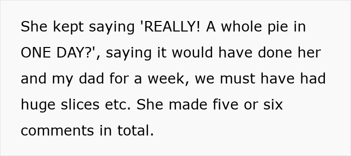 Text excerpt showing a diet-obsessed mom food-shaming her daughter about eating a whole pie in one day.