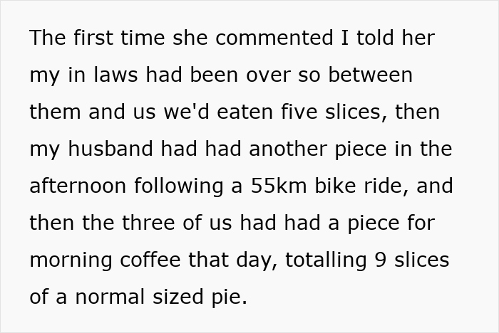Text excerpt about diet-obsessed mom food-shaming daughter after complaining about pie and family eating habits.