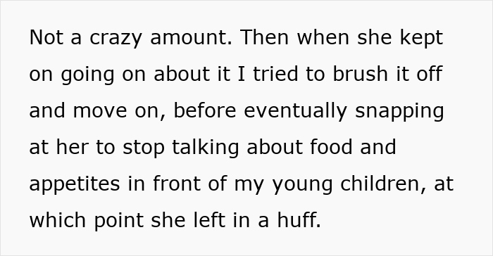 Text excerpt showing a diet-obsessed mom food-shaming her daughter, then getting called out after complaining about pie.