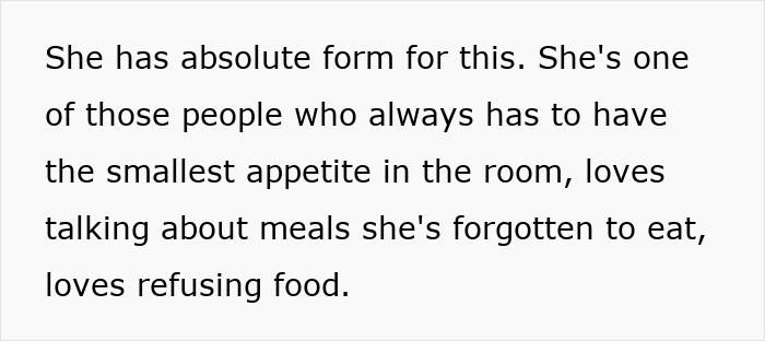 Text excerpt showing a diet-obsessed mom&rsquo;s behavior of food-shaming her daughter and refusing to eat meals.