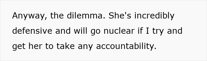 Text excerpt about a diet-obsessed mom being defensive and avoiding accountability in a family food-shaming conflict.