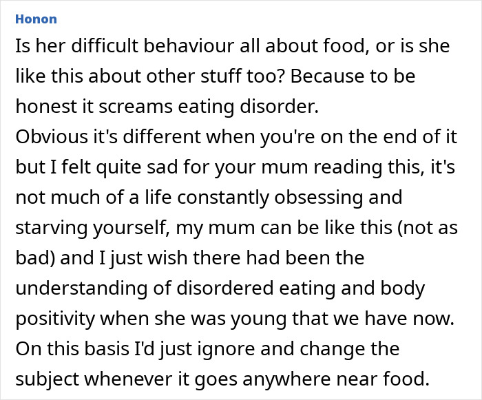 Comment discussing diet-obsessed mom food-shaming daughter, linking behavior to eating disorder and body positivity issues.