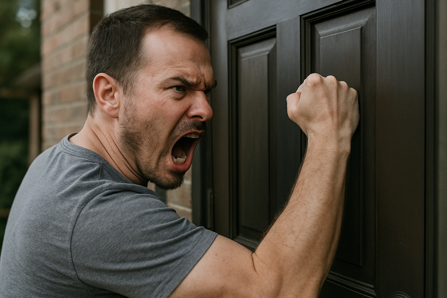 Angry man knocking loudly on a black door, expressing frustration as police involvement escalates a dog shelter dispute.