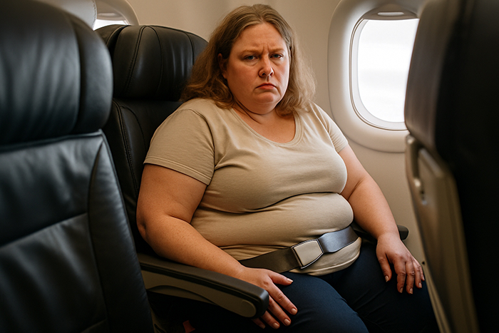 Obese woman seated on an airplane, looking uncomfortable, highlighting a flight seating comfort issue for obese passengers.