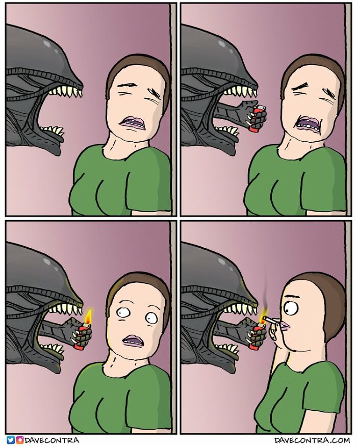 Dark and twisted comic strip by Dave Contra showing a woman lighting a cigarette with a menacing alien creature.