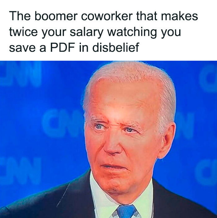Man with a confused expression reacting to a relatable TV meme about a boomer coworker and saving a PDF.