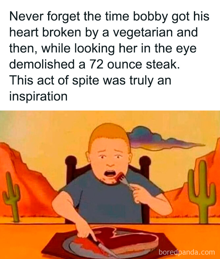 Cartoon character eating a large steak with TV memes caption about heartbreak and spite inspiring moments.