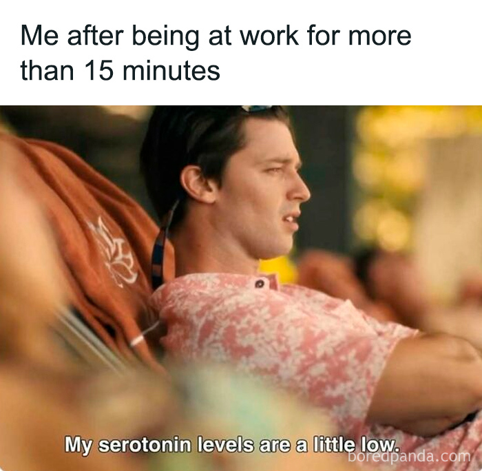 Man in a pink shirt reclining with caption about low serotonin levels, a relatable TV meme about work and mood.