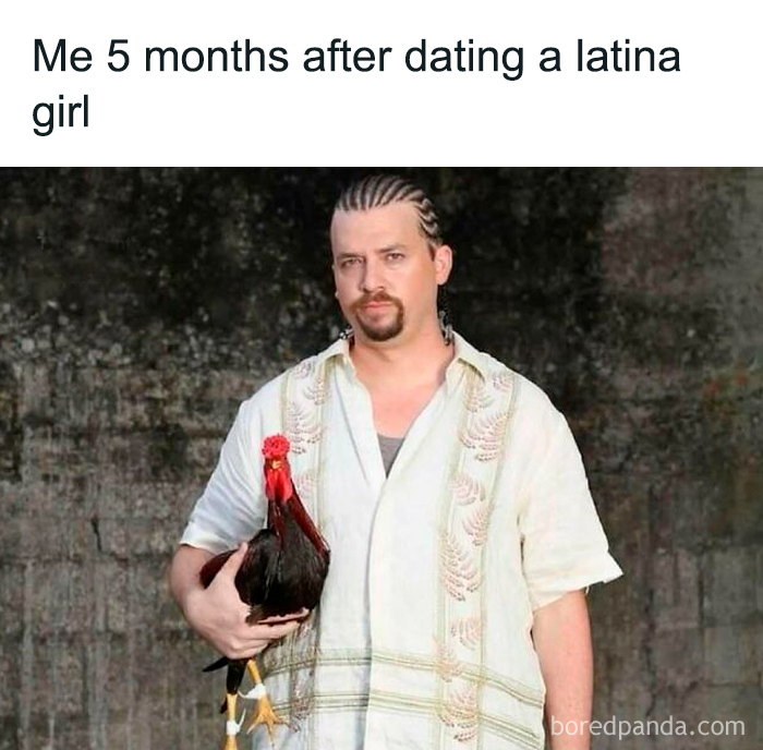 Man with braided hair holding a rooster in a funny TV meme portraying a relatable dating situation.