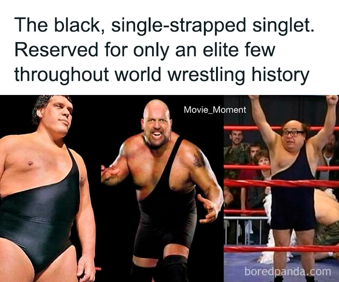 Three wrestlers wearing black single-strapped singlets in a funny and relatable TV meme about wrestling history.