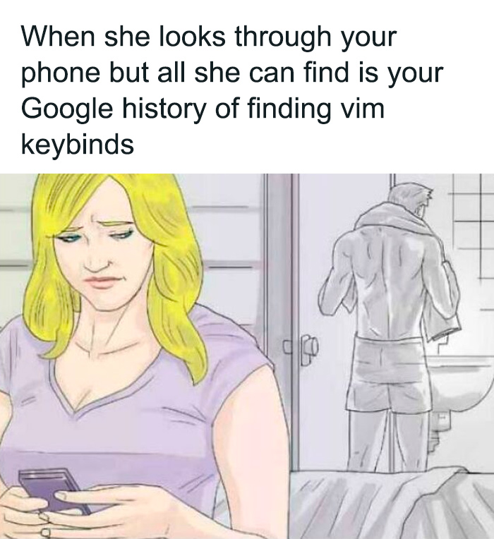 Woman looking upset at phone with a man drying off, programming memes about vim keybinds and computer science humor.