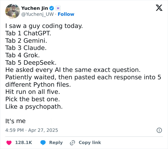 Tweet about coding using AI tools for programming with multiple Python files and testing the best code snippet.