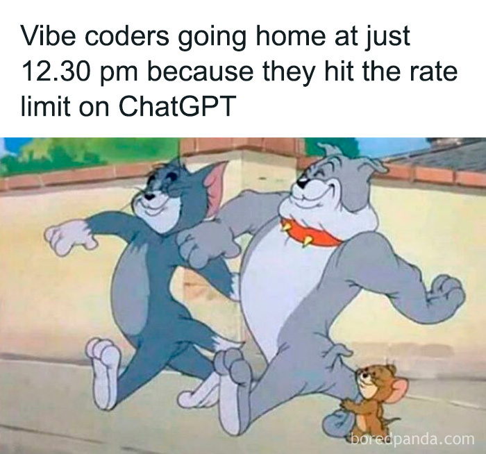 Cartoon characters Tom, Spike, and Jerry happily walking, illustrating a programming and computer science meme about coders.