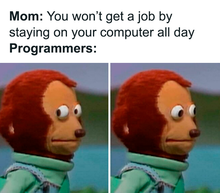 Programmers reacting to being told they won’t get a job by staying on their computer all day with a surprised look.