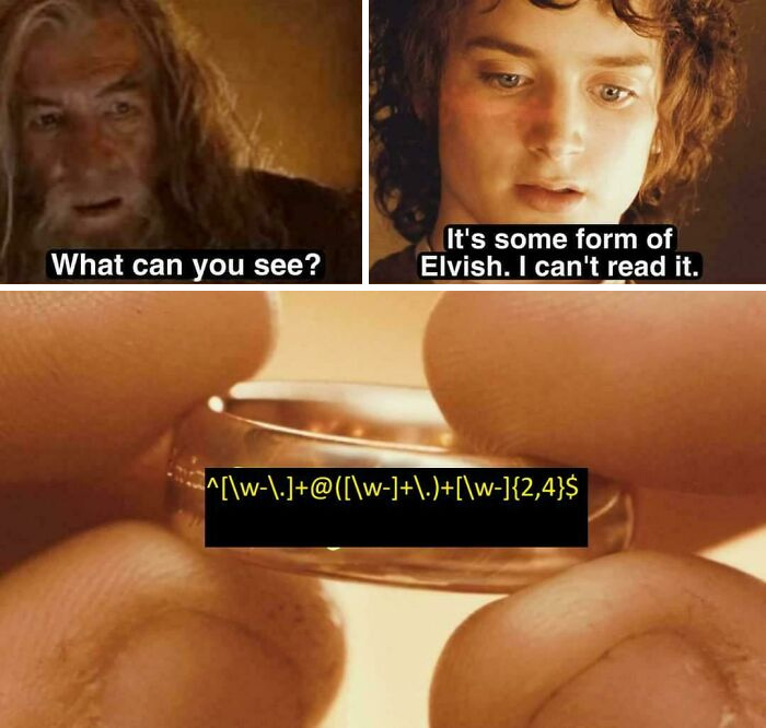 Meme featuring a programming regex code on a ring with characters discussing it as unreadable Elvish text.