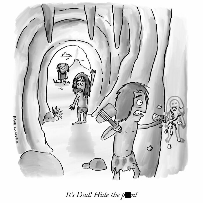 Cave people in a dark twisted comic by Dave Contra, one carving on a wall while others look frightened inside a cave.