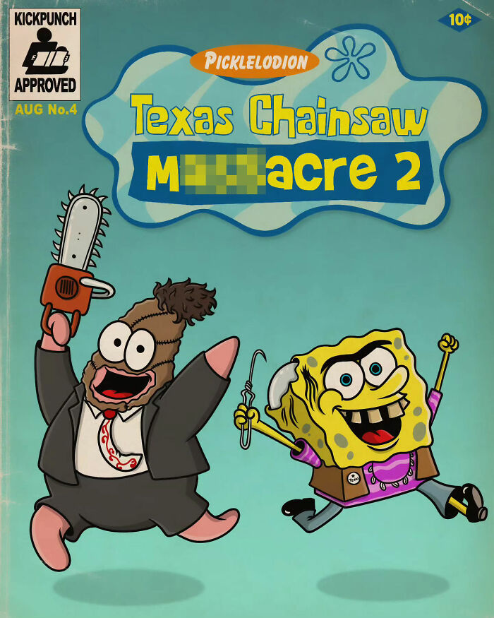 Cartoon characters reimagined in creepy horror scenes featuring chainsaws and eerie expressions in a dark parody style.