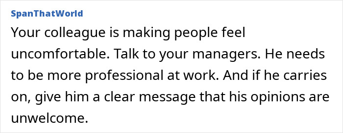 Text message advising to address a religious coworker pushing beliefs at work, encouraging professional boundaries.