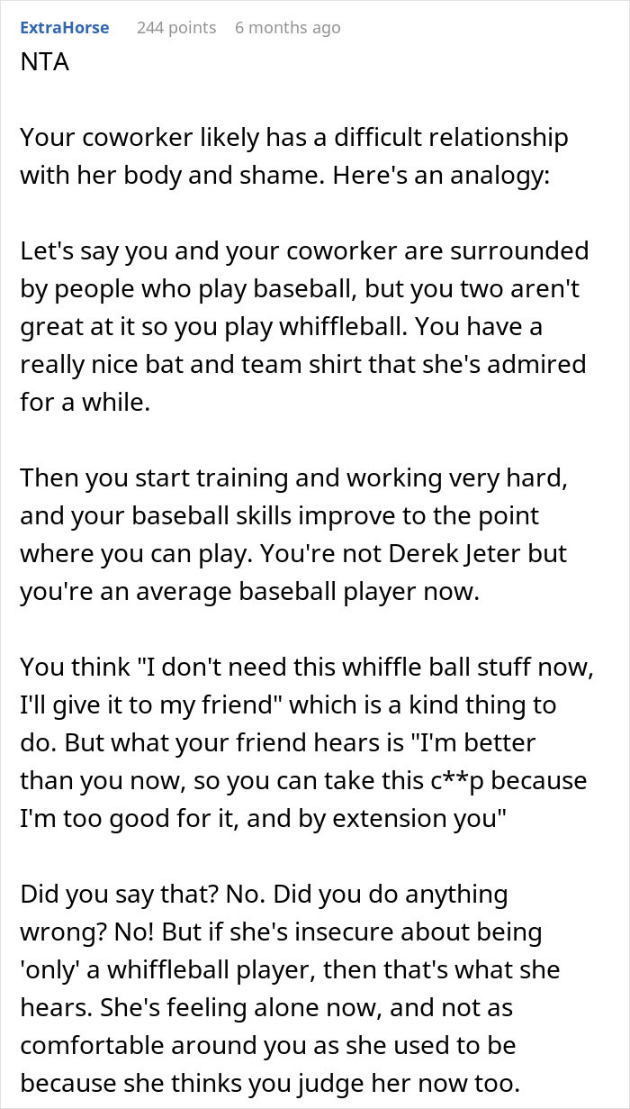 Text post explaining a coworker’s difficult relationship with body image after weight loss causes tension. Text post explaining a coworker’s difficult relationship with body image after weight loss causes tension.