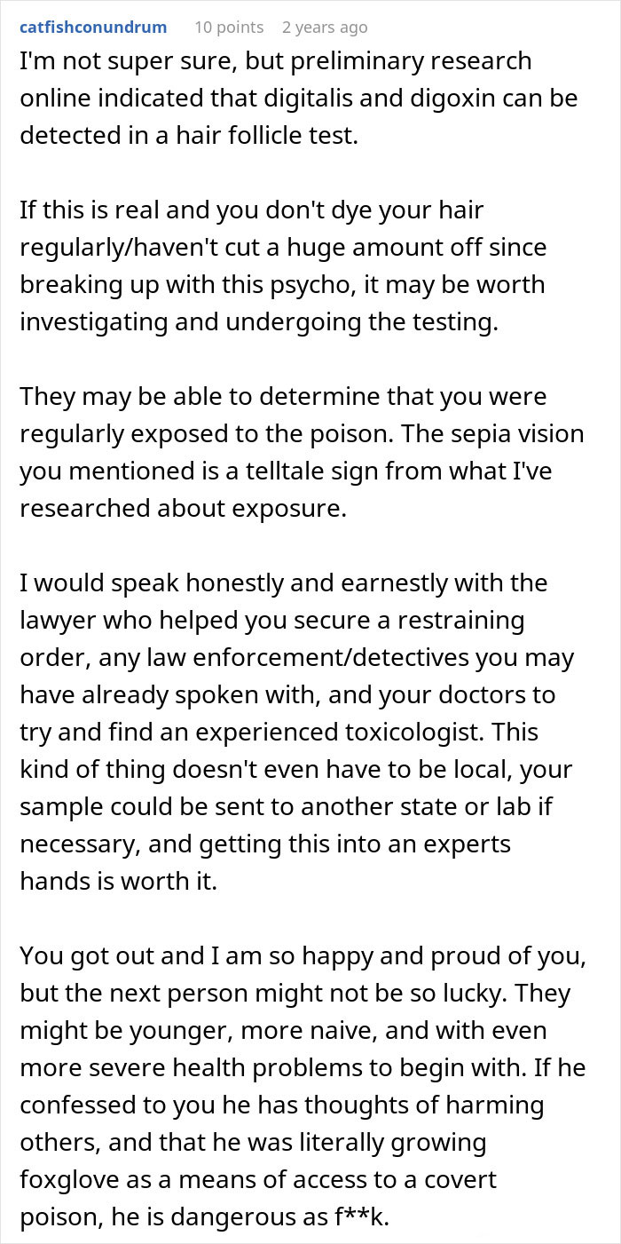 Reddit advice on detecting poison exposure through hair follicle tests after suspicion of poisoning by an ex-partner.