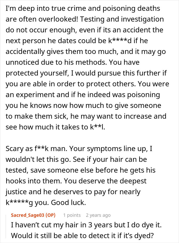 Text message discussing concerns about poisoning, mysterious illness symptoms, and advice on testing for toxins to protect others.