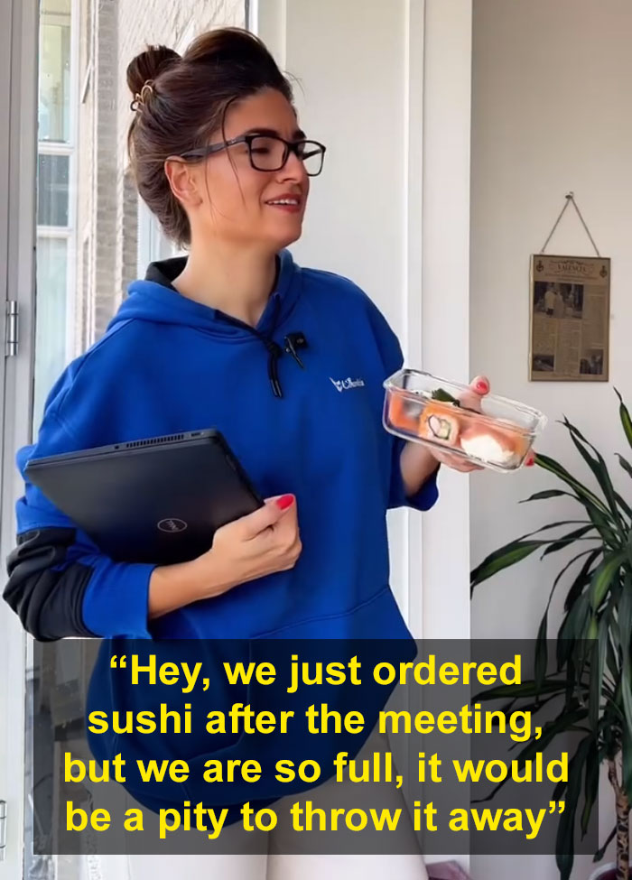 Woman in glasses holding sushi and laptop, illustrating Bulgarian finds out the Dutch don’t share their food for free. Woman in glasses holding sushi and laptop, illustrating Bulgarian finds out the Dutch don’t share their food for free.