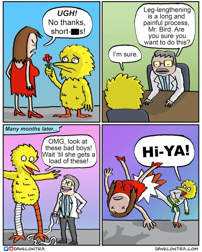 Yellow bird character undergoing leg-lengthening surgery and fighting woman in dark and twisted comic by Dave Contra.
