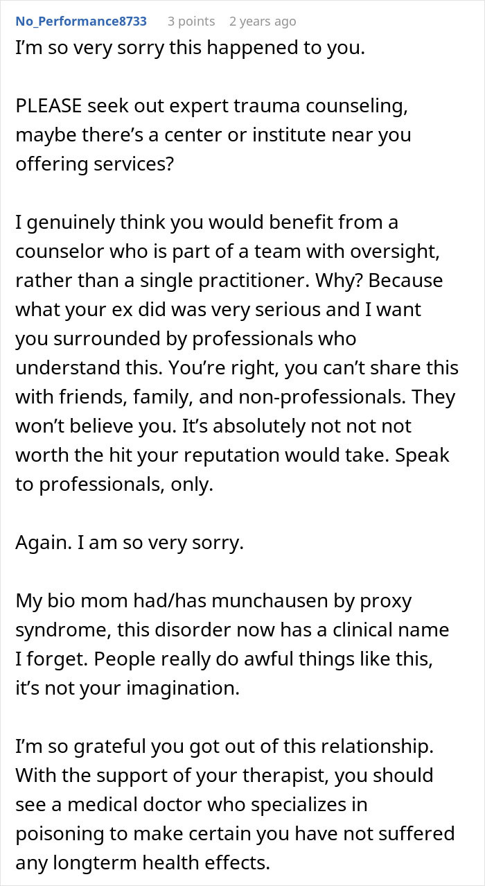 Comment recommending trauma counseling and medical help for a woman realizing her ex might have been poisoning her after mysterious illness.