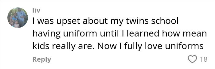 Mom vents about daughter getting bullied for her clothes in a social media comment on school uniforms and kids' behavior.