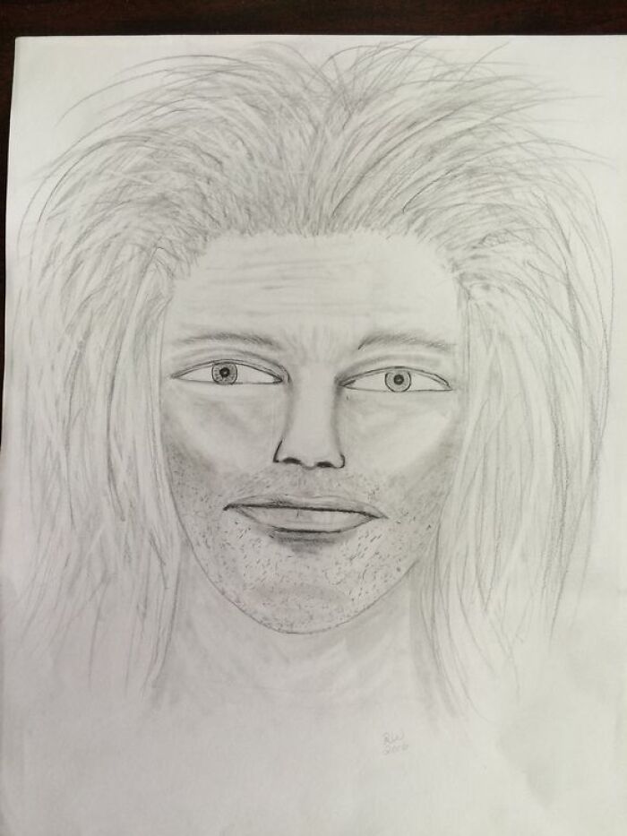 Police sketch pencil drawing with exaggerated features and messy hair, resembling a bad caricature portrait.