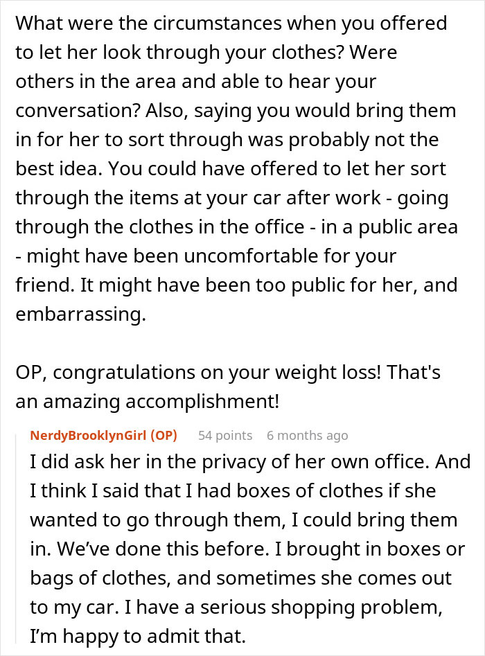 Text conversation discussing a woman’s weight loss and coworker offering old clothes she’s too skinny for. Text conversation discussing a woman’s weight loss and coworker offering old clothes she’s too skinny for.