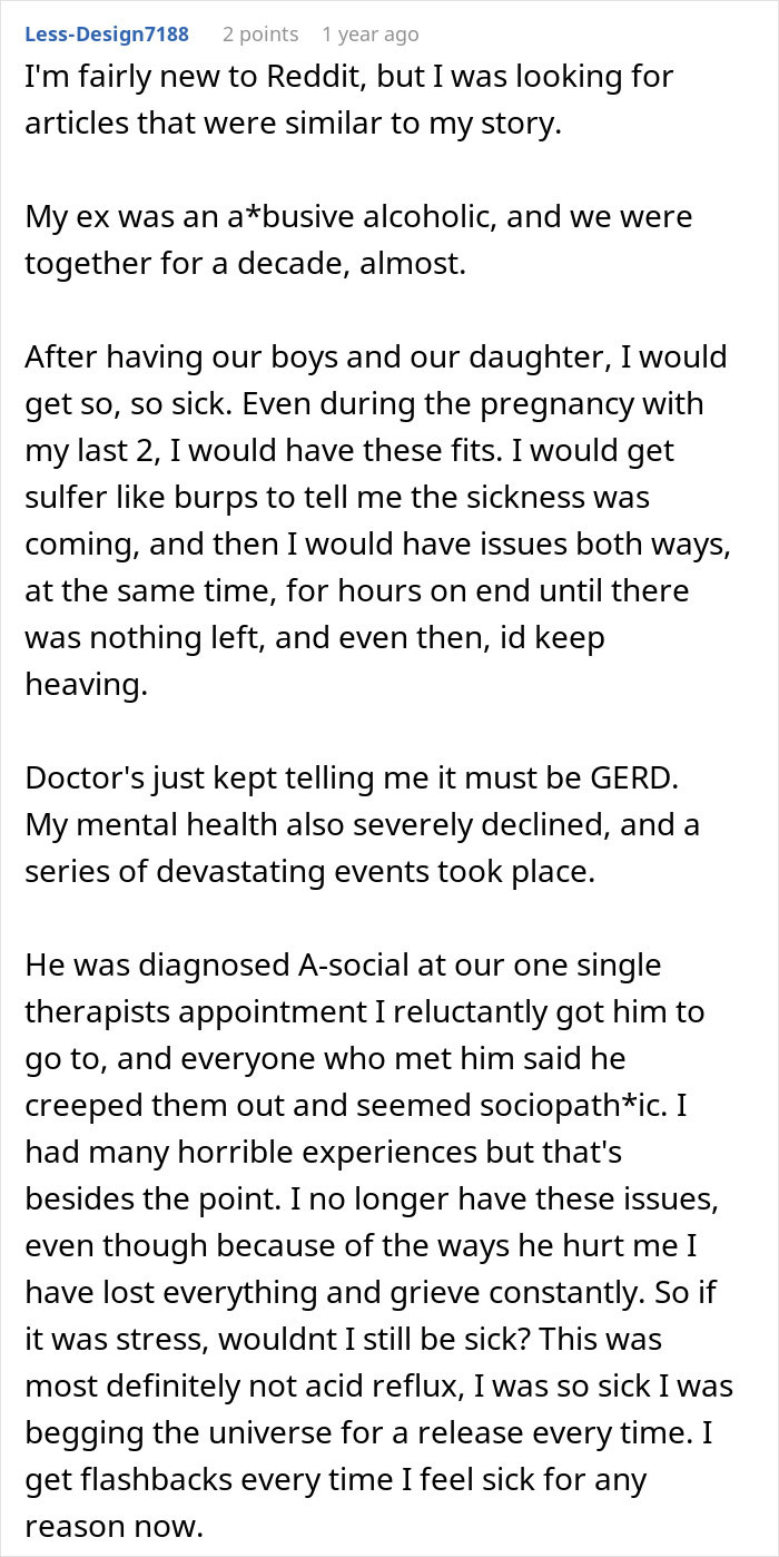 Reddit user shares story of woman realizing her ex might have been poisoning her after months of mysterious illness and confession.